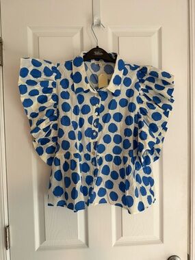 JODIFL White Shirt with Bold Blue Polka Dots and Ruffle Sleeves